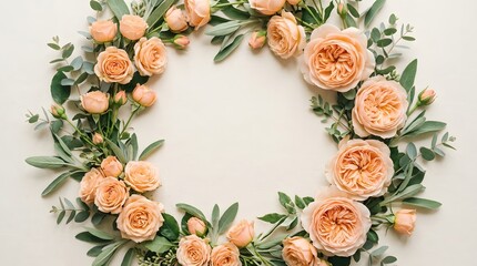Floral wreath frame made of peach roses and eucalyptus leaves over ivory white background.