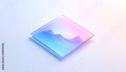 Isometric view of a translucent, square, layered form with a gradient over an abstract shape