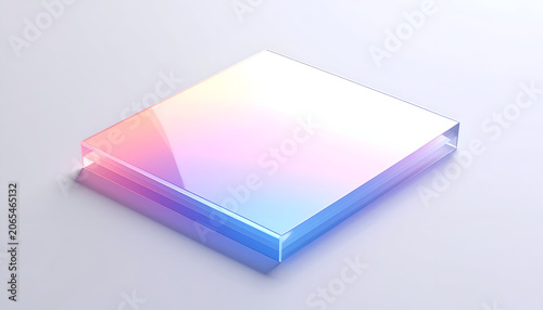 Isometric view of a translucent, square block refracting pastel colors on a light surface