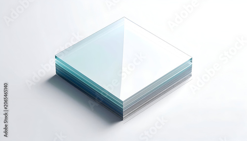 A stack of transparent glass squares on a white surface, reflecting ambient light