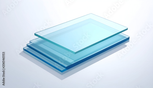 Stacked clear rectangular glass sheets, illuminated from the top, casting shadows