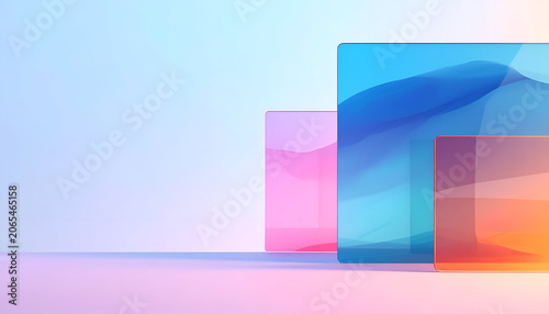 Three translucent, glowing squares in vibrant hues against a gradient backdrop, soft shadows
