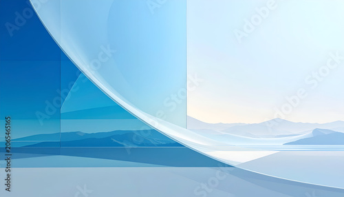 Abstract artwork features layered blue gradients, flowing shapes, and a distant landscape