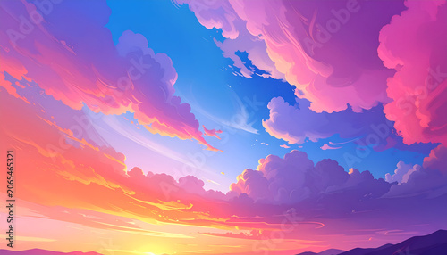 Digitally painted sky with vibrant pink, orange, and blue hues, puffy clouds