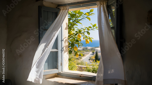 Open Mediterranean Window with Sea View and Lemons