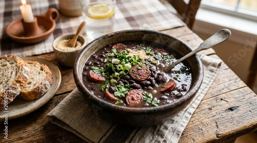 Hearty Feijoada Brazilian Black Bean Stew with Sausage and Bread