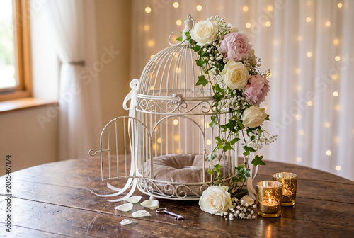 An elegant birdcage decorated with flowers and candles for a wedding  