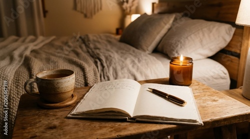 Cozy Bedroom Scene with Open Journal, Tea Cup, and Candle