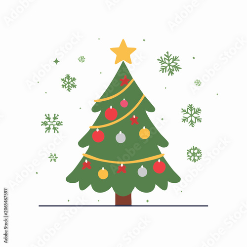 Christmas Tree with Ornaments and Snowflakes