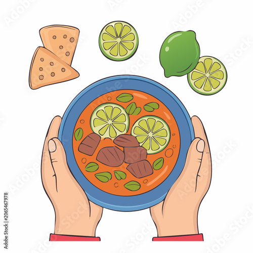 Illustration of Hands Holding a Bowl of Stew with Lime and Tortilla Chips