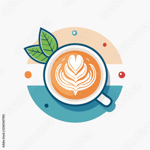 Latte Art Coffee Cup with Leaves and Geometric Shapes