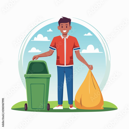 Man collecting trash with a garbage bag and bin
