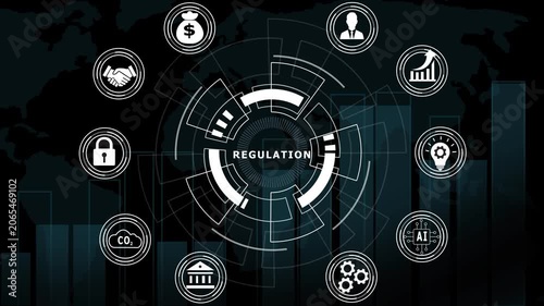 Business regulation and compliance hud interface with digital financial growth, ai technology, and corporate governance motion background