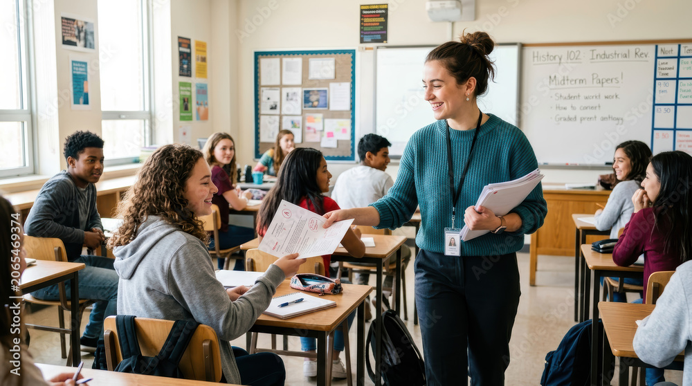 Obraz premium Classroom teacher student paper handing education school lesson learning assignment, smiling teacher handing paper to seated student during active classroom lesson with diverse teenager group