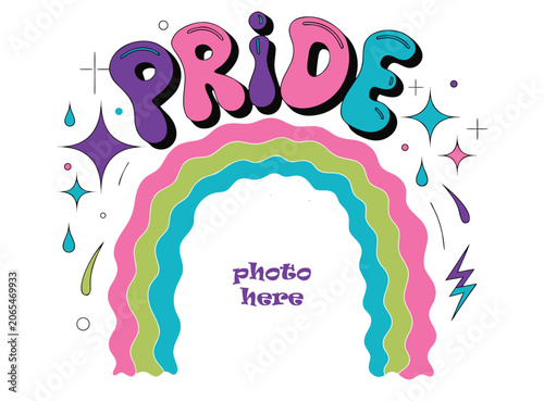 Retro Pride Month Photo Frame Template with Wavy Rainbow and Groovy Bubble Typography
