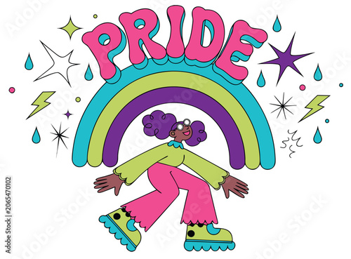 Groovy Pride Month Vector Illustration with Cute Girl Character Roller Skating Under Rainbow
