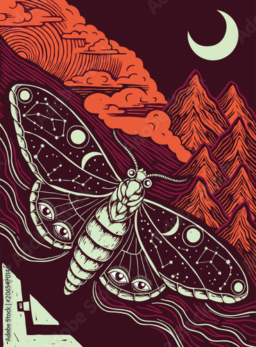Mystical Celestial Moth Vector Poster with Moon Constellations and Linocut Mountain Background