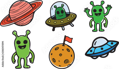 Tableau sur toile Colorful Space Theme Illustration Featuring Friendly Aliens UFOs and Planets Han