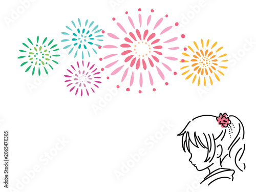 カラフルな花火と浴衣の女性の夏祭りイラスト／ベクター素材