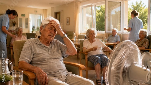 Elderly Residents Struggling During Extreme Heatwave in Nursing Home With Cooling Fans and Caregiver Support