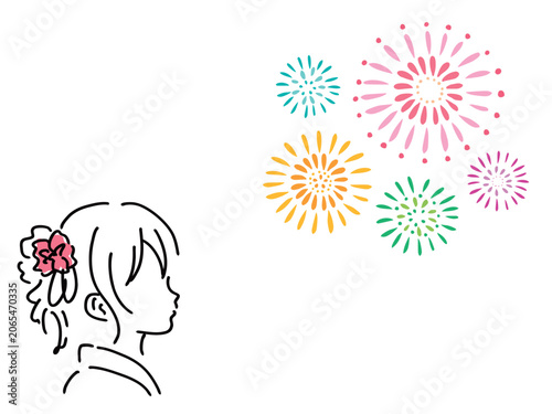 カラフルな花火と浴衣の女性の夏祭りイラスト／ベクター素材