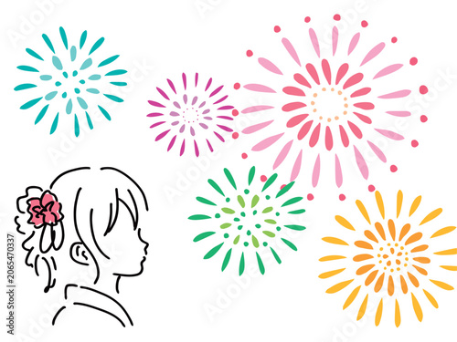 カラフルな花火と浴衣の女性の夏祭りイラスト／ベクター素材
