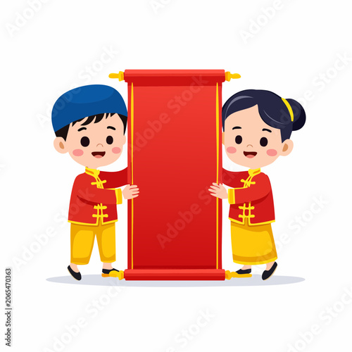 Children in Traditional Chinese Attire Holding a Red Scroll