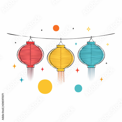 Colorful Lanterns Hanging on a String with Stars