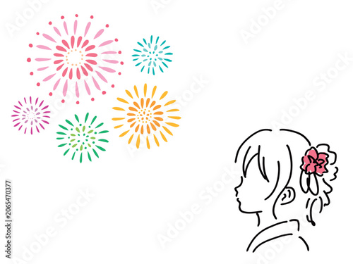 カラフルな花火と浴衣の女性の夏祭りイラスト／ベクター素材