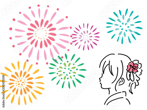 カラフルな花火と浴衣の女性の夏祭りイラスト／ベクター素材