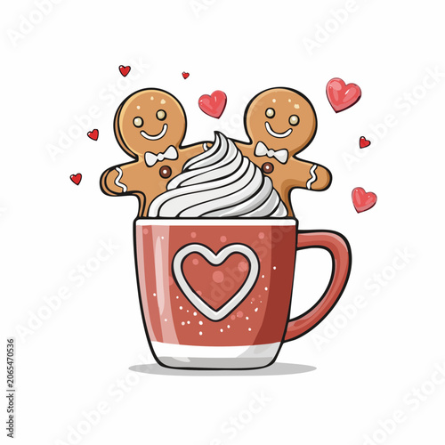 Gingerbread Couple in Hot Chocolate Mug with Hearts