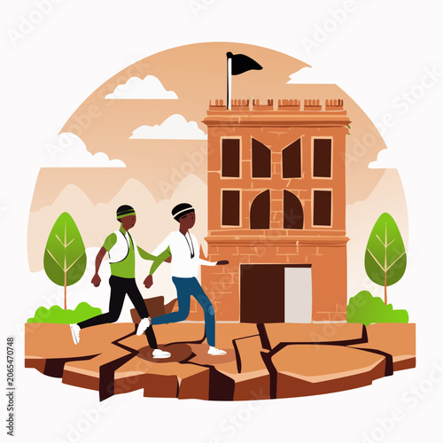 Two people running past a cracked ground towards a building