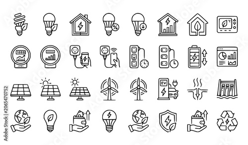 Energy Efficiency Line Art Vector Icon Set with Editable Stroke Green Energy Symbols