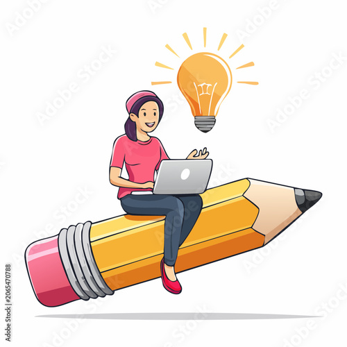 Woman with Laptop on Pencil Under Light Bulb
