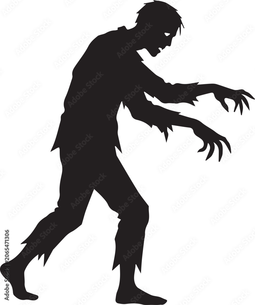Fototapeta premium Zombie silhouette displays a terrifying creature with tattered clothing and reaching claw-like hands.