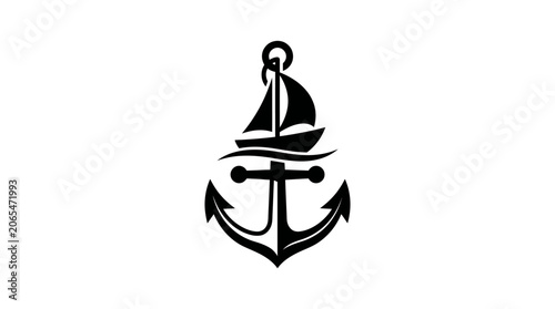 Bilde på lerret Black anchor with sailboat on top.
