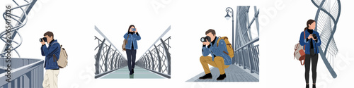 Billede på lærred Set of flat illustrations of photographers and tourists taking pictures on a modern architectural bridge, capturing urban moments during travel