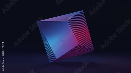 3D Rendered Geometric Abstract Shape with Blue and Red Gradient Lighting on Dark Background for Modern Digital Art Design