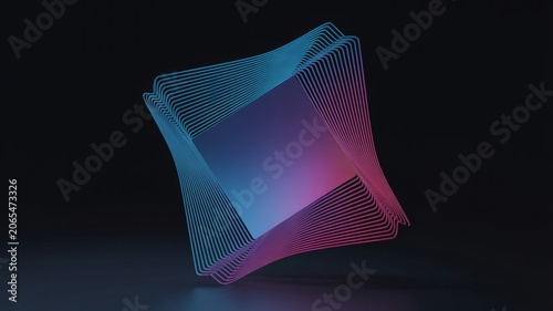 Dark blue abstract digital art piece with a glowing geometric wireframe cube structure in neon pink and blue gradient