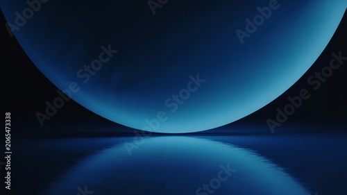 A high contrast fine art abstract photograph featuring a glowing blue orb reflecting on a smooth dark surface in a minimalist cinematic composition