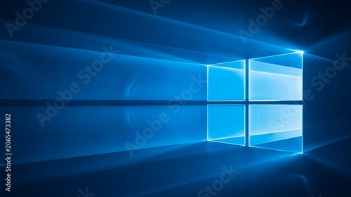 Minimalist abstract digital art piece of a glowing blue window with bright light beams shining through, clean tech background