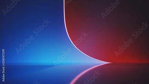 Minimalist abstract digital art background featuring a glowing neon curved line separating vibrant blue and deep red tones with glossy reflection