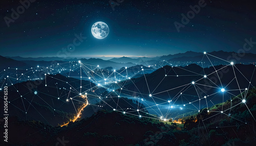 Serene nighttime vista of rolling hills with digital network overlay beneath a full moon