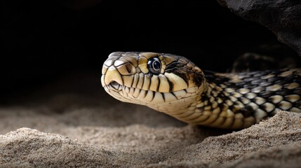 Close-up of a Serene Snake Emerging from Shadowy Desert Environment