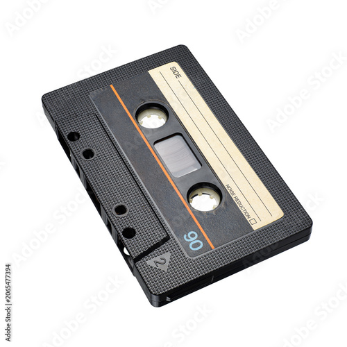 Black plastic audio cassette tape isolated. Transparent PNG image.