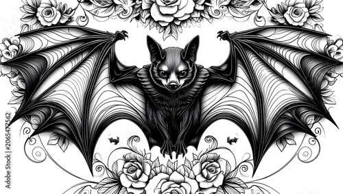 Highly Detailed Bat Paper Quilling Template – Symmetrical Black and White Line Art with Floral Ornament Design