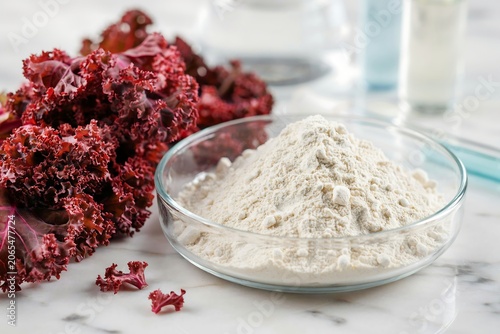Red kale leaves and bowl of white powder on marble countertop for healthy eating