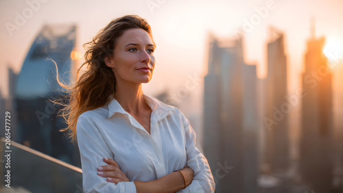 Confident young professional businesswoman standing with folded arms on a city rooftop at sunset looking forward towards the blurred modern skyscraper skyline background.
