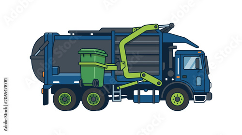 Blue garbage truck with green mechanical arm and bin.
