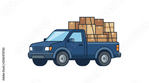 Blue pickup truck loaded with cardboard boxes for delivery.